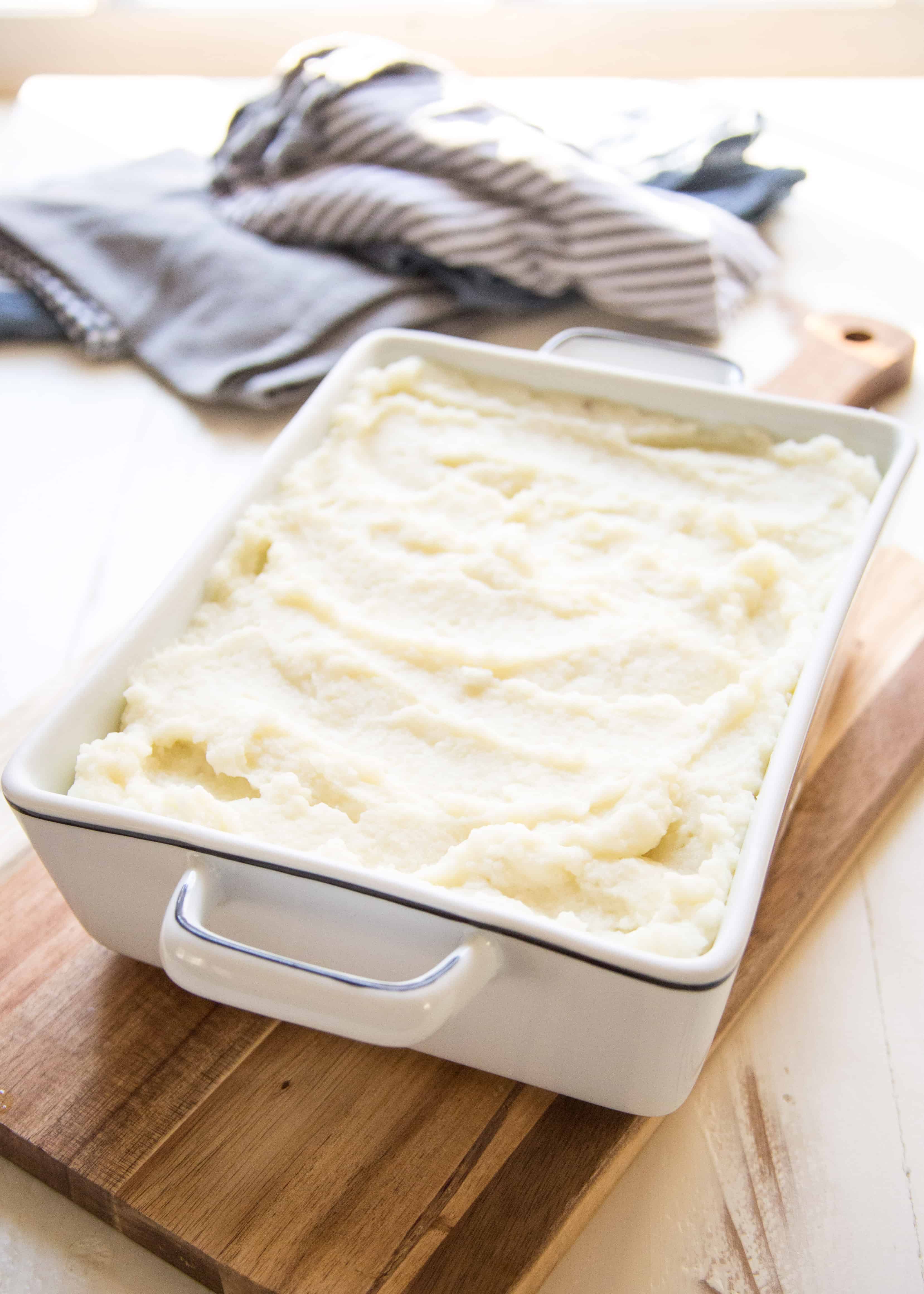 mashed potatoes in a white baking dish