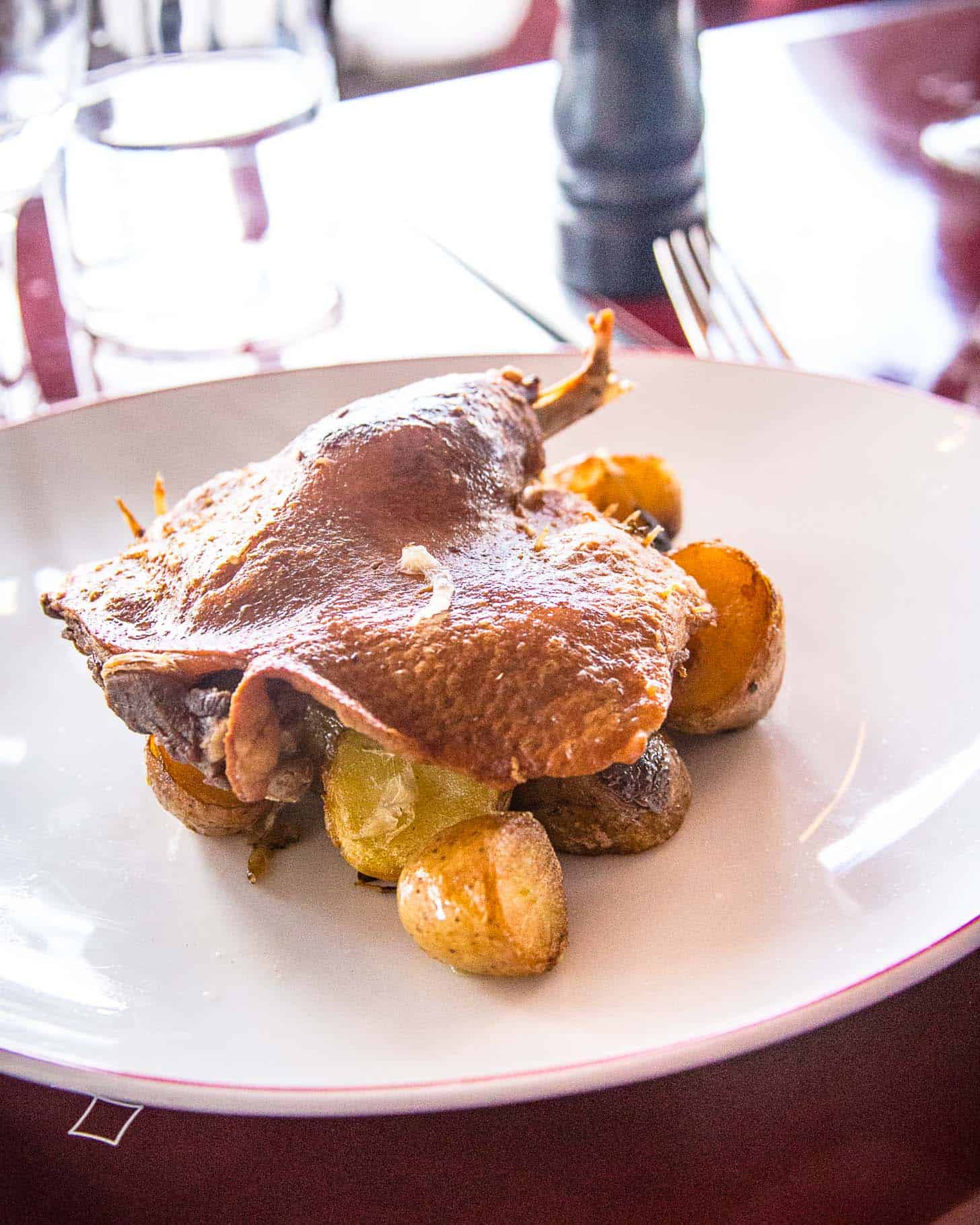 roasted chicken and potatoes on a white plate