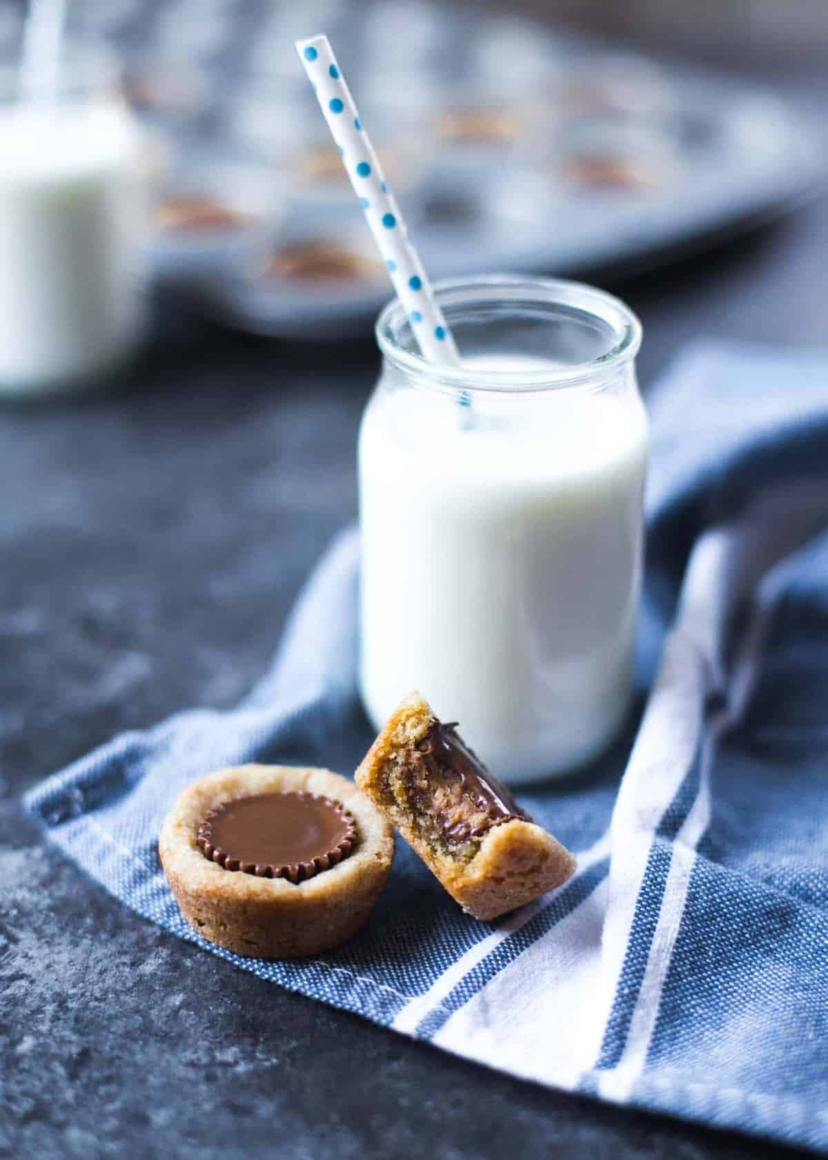 Peanut Butter Cookie Cups with a glass of milk