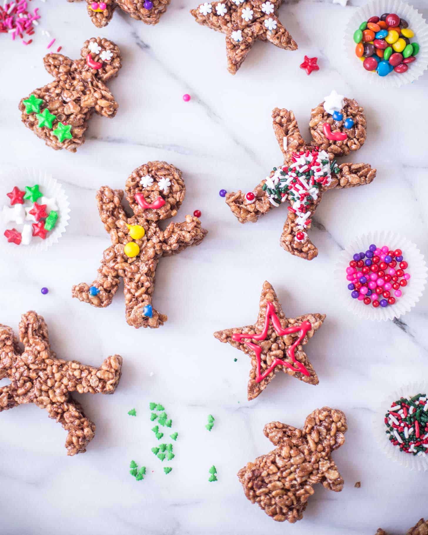 Chocolate Rice Krispies Gingerbread Men on a white countertop