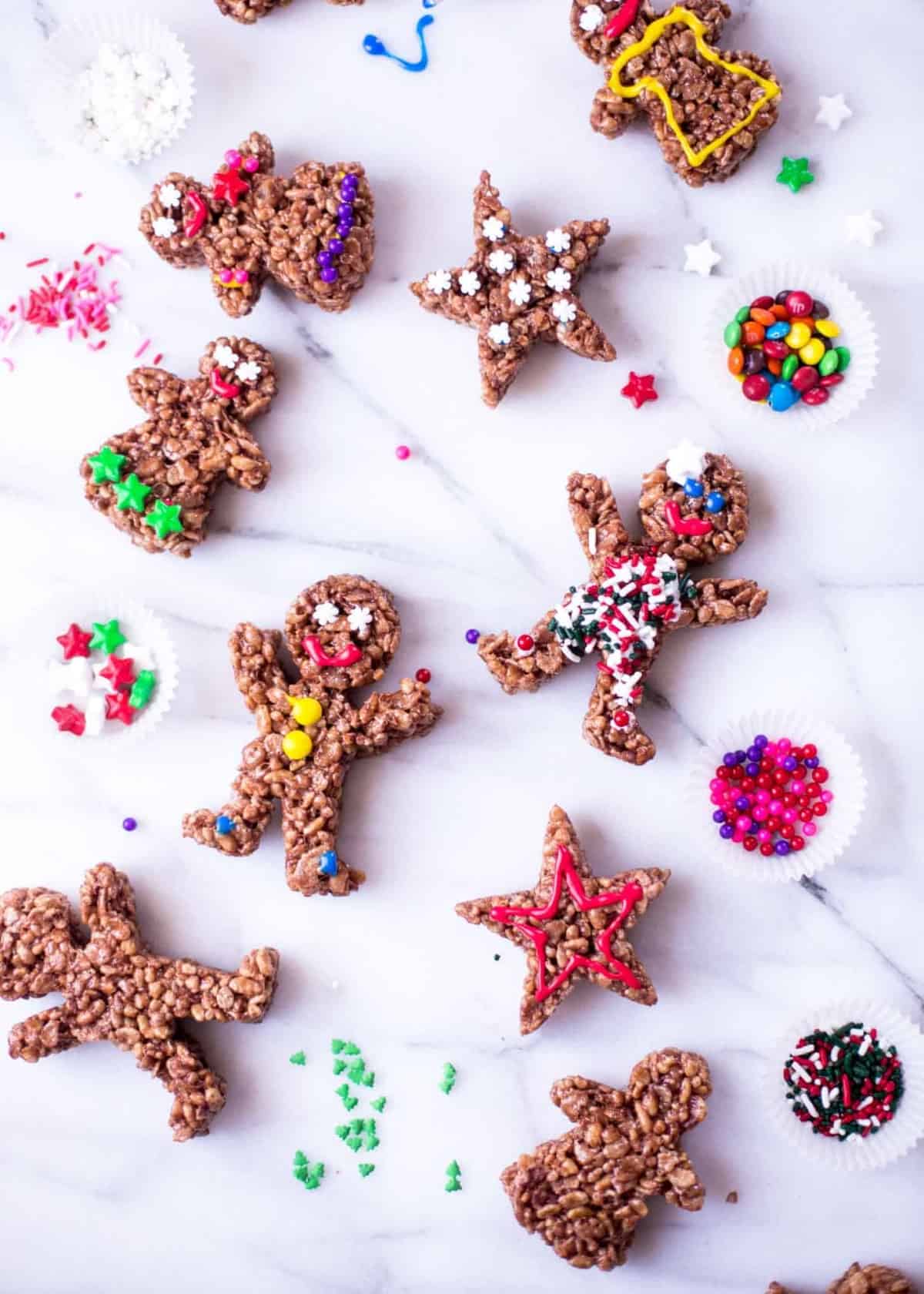 Chocolate Rice Krispie Treat Gingerbread Men on a white table