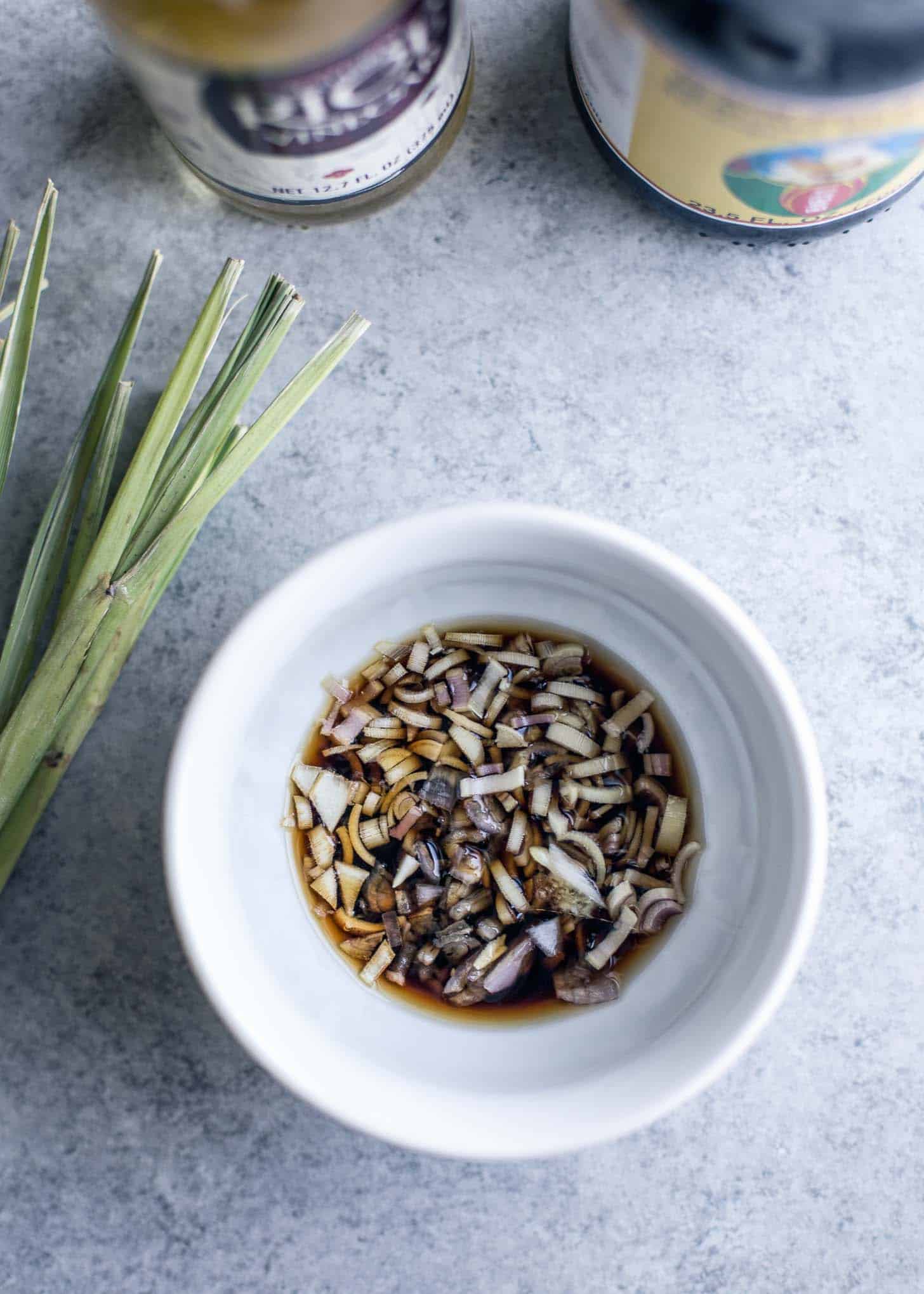 overhead image of Lemongrass Salmon Marinade in a white bowl