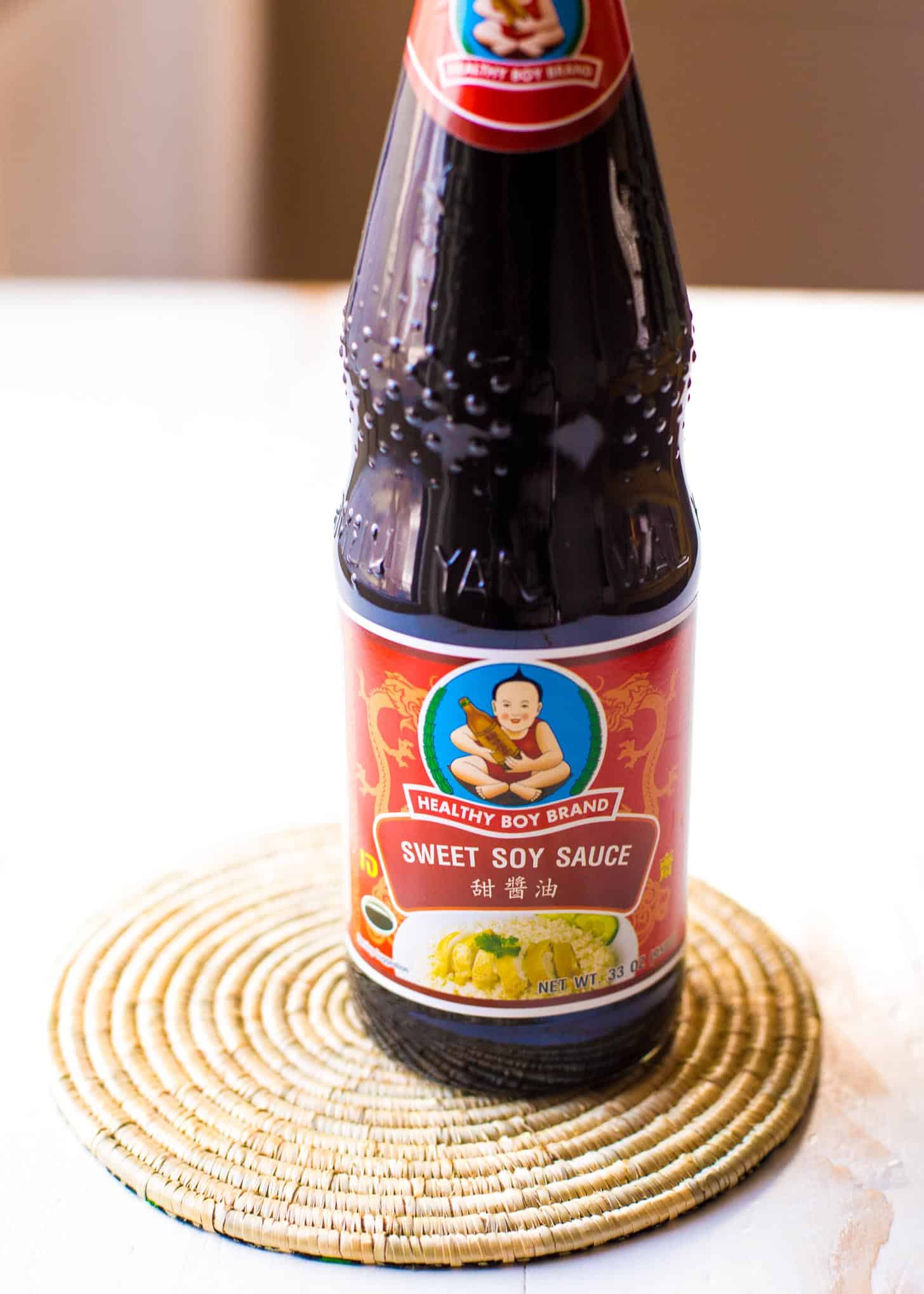 a bottle of Soy sauce for on a white countertop