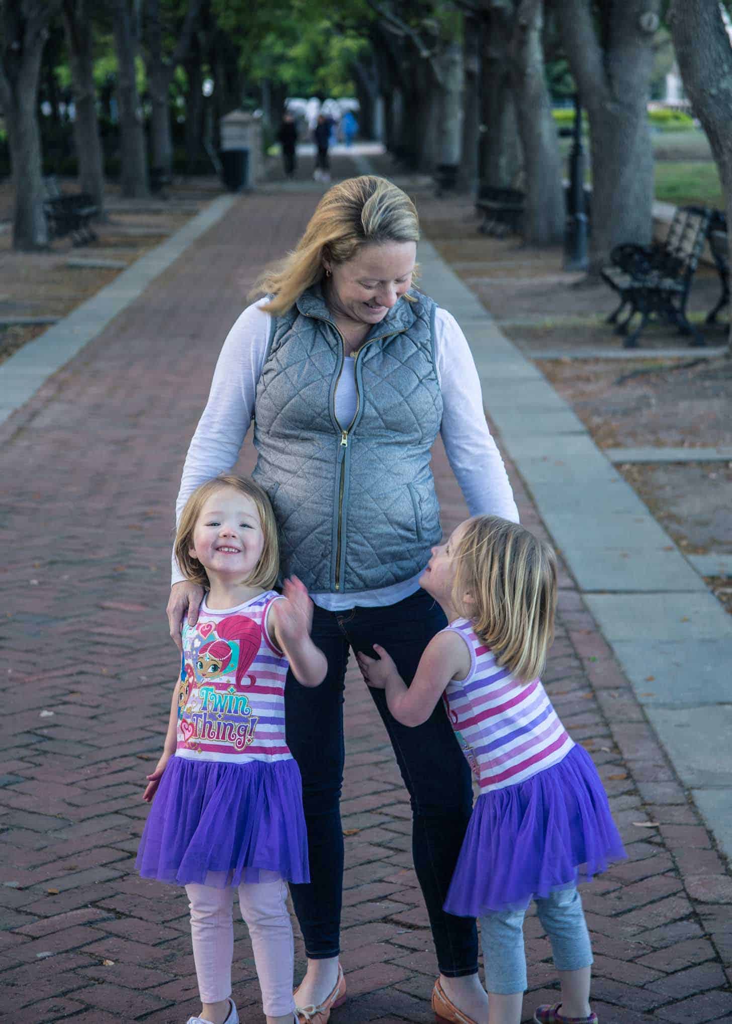 Jess, Molly and Clara on a brick tree-lined path