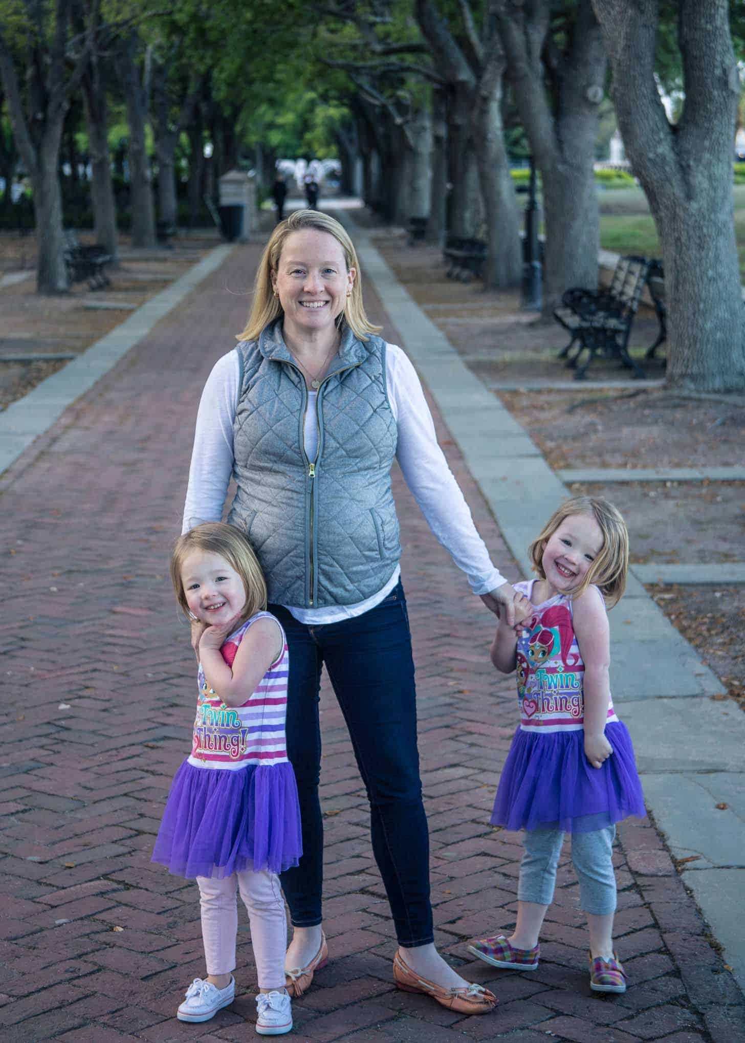 Jess, Molly and Clara on a brick tree-lined path