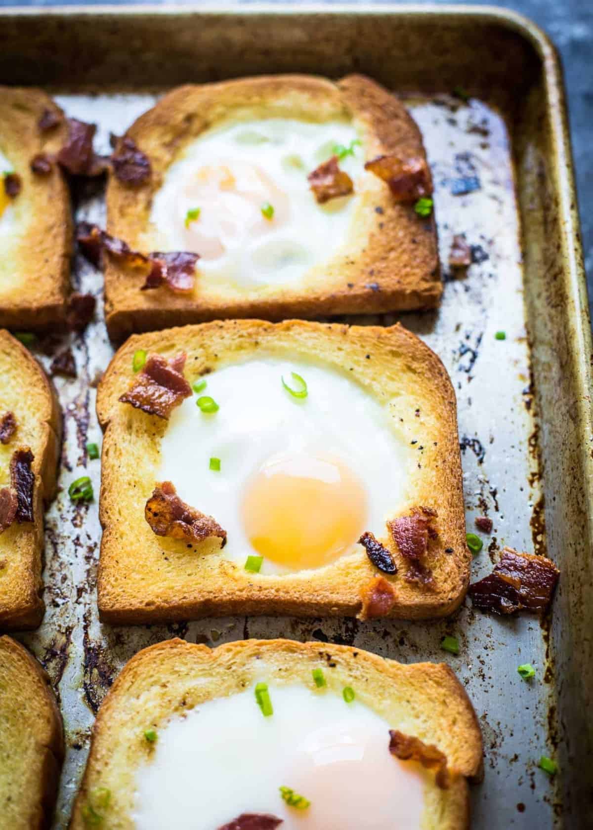 Brioche Baked Egg in a Hole on a sheet pan