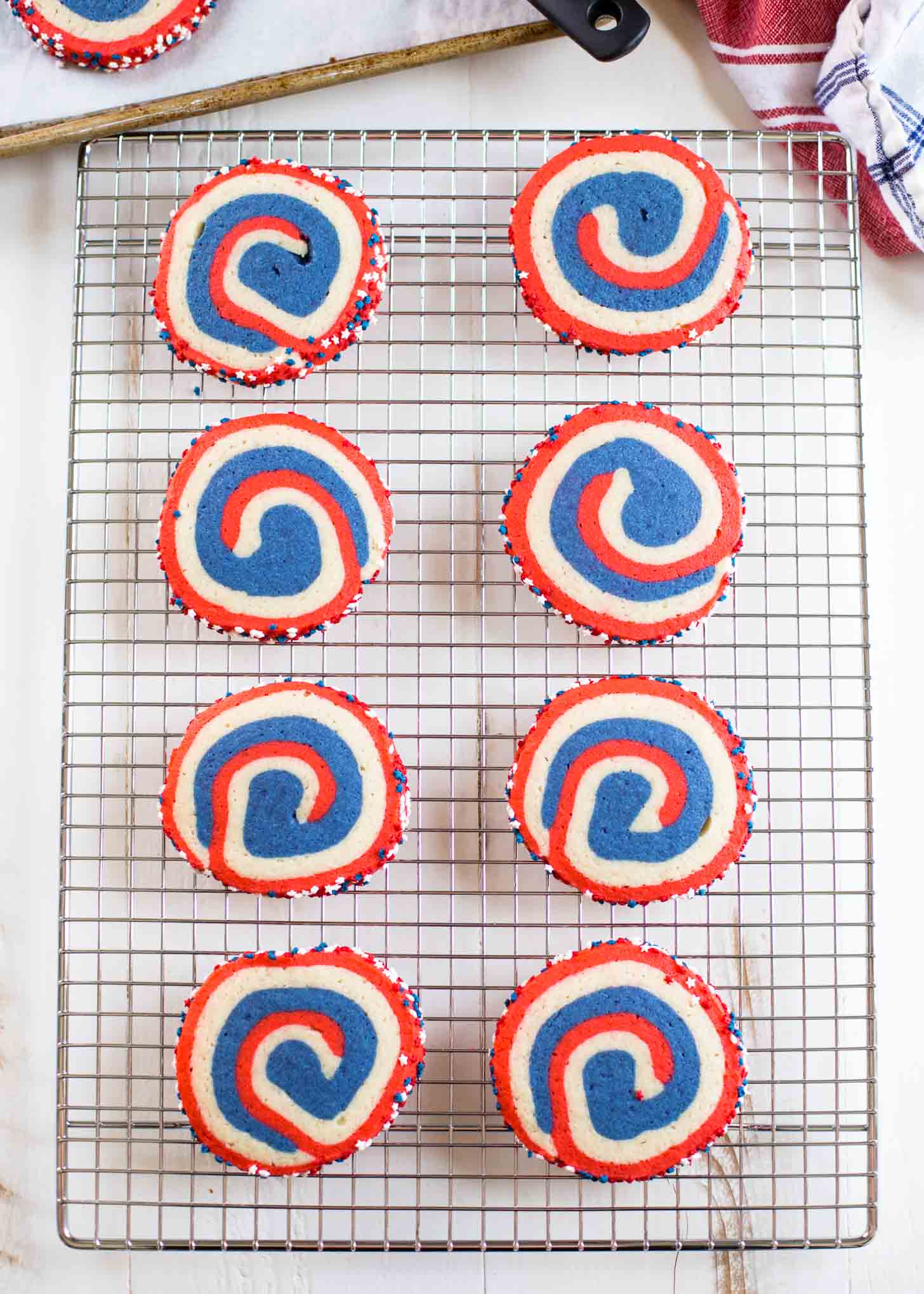 pinwheel cookies on a cooling rack