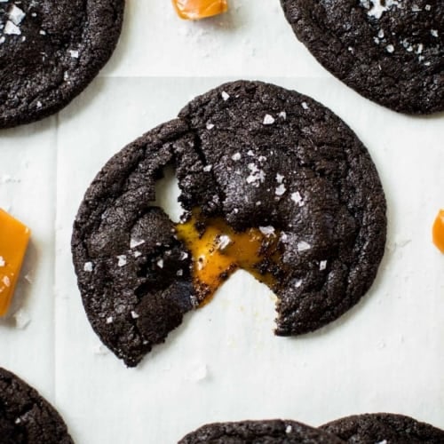 Salted Caramel Stuffed Double Chocolate Cookies - Creme De La Crumb