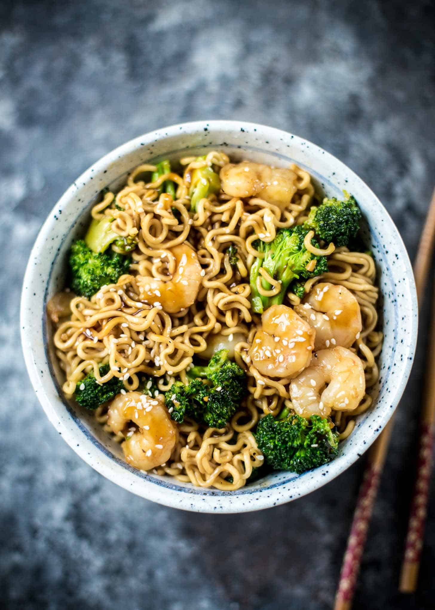 overhead image of a Shrimp Teriyaki Noodle Bowl with chopsticks