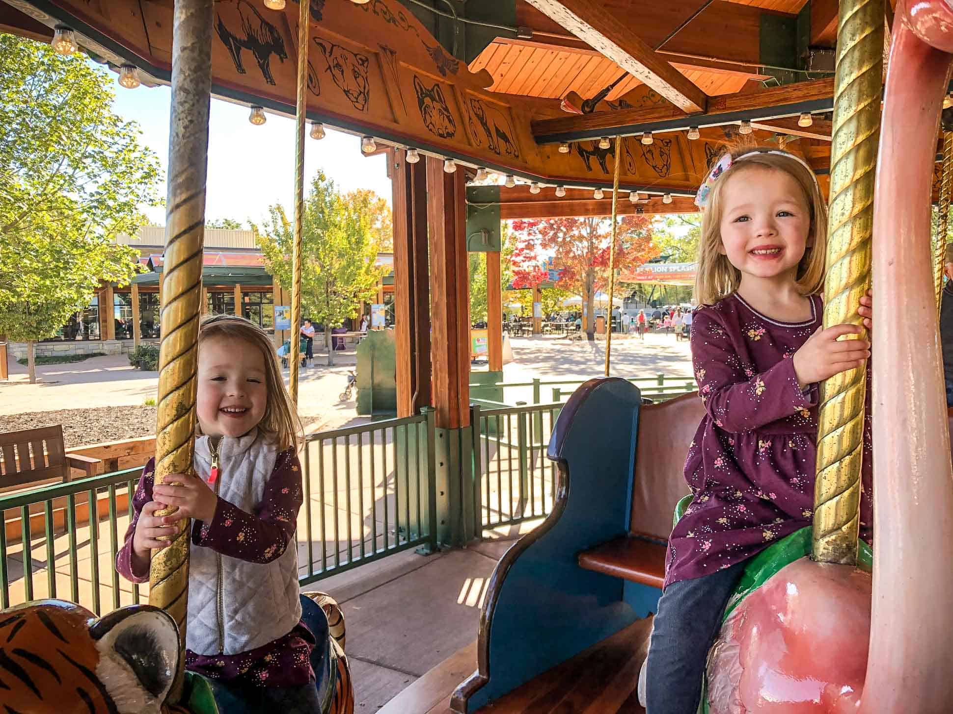 little girls riding a carousel