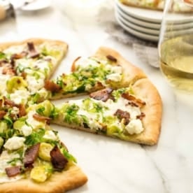 Brussels Sprouts Bacon and Goat Cheese Pizza