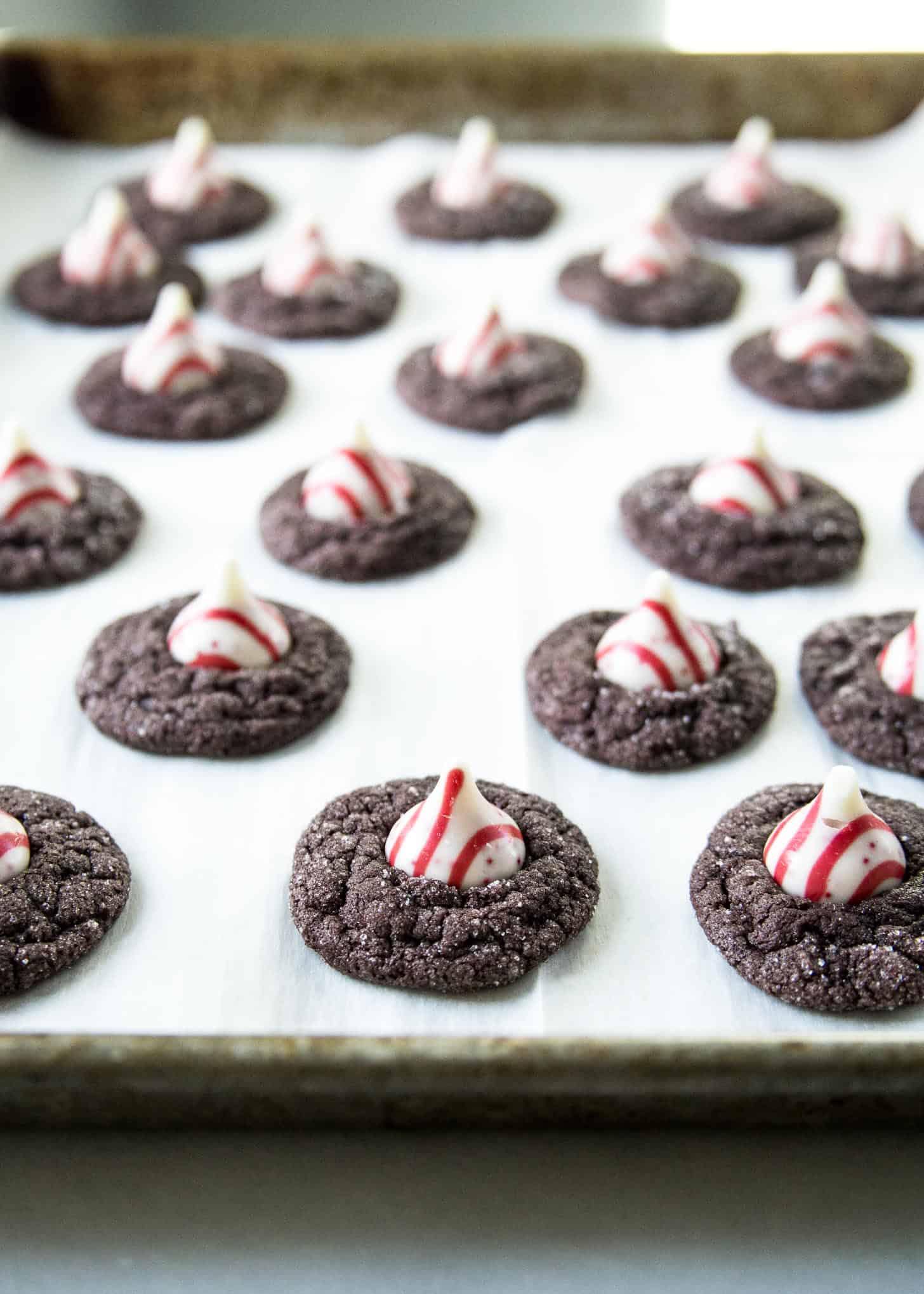 Chocolate Peppermint Blossoms on a parchment lined baking sheet