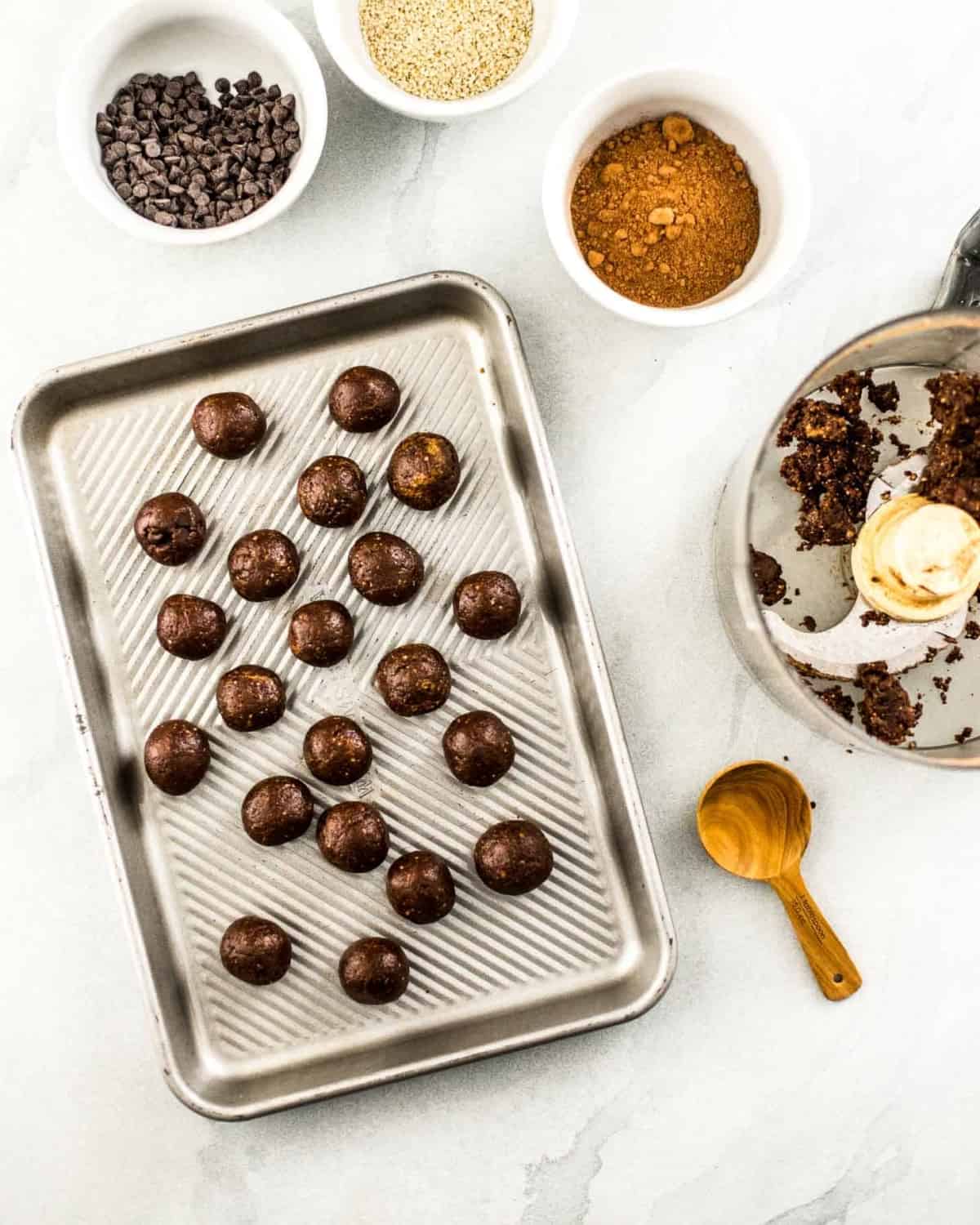 Chocolate Almond Energy Bites on a sheet pan