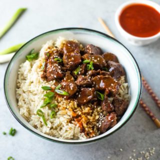 Instant Pot Korean Beef and Brown Rice in a white bowl