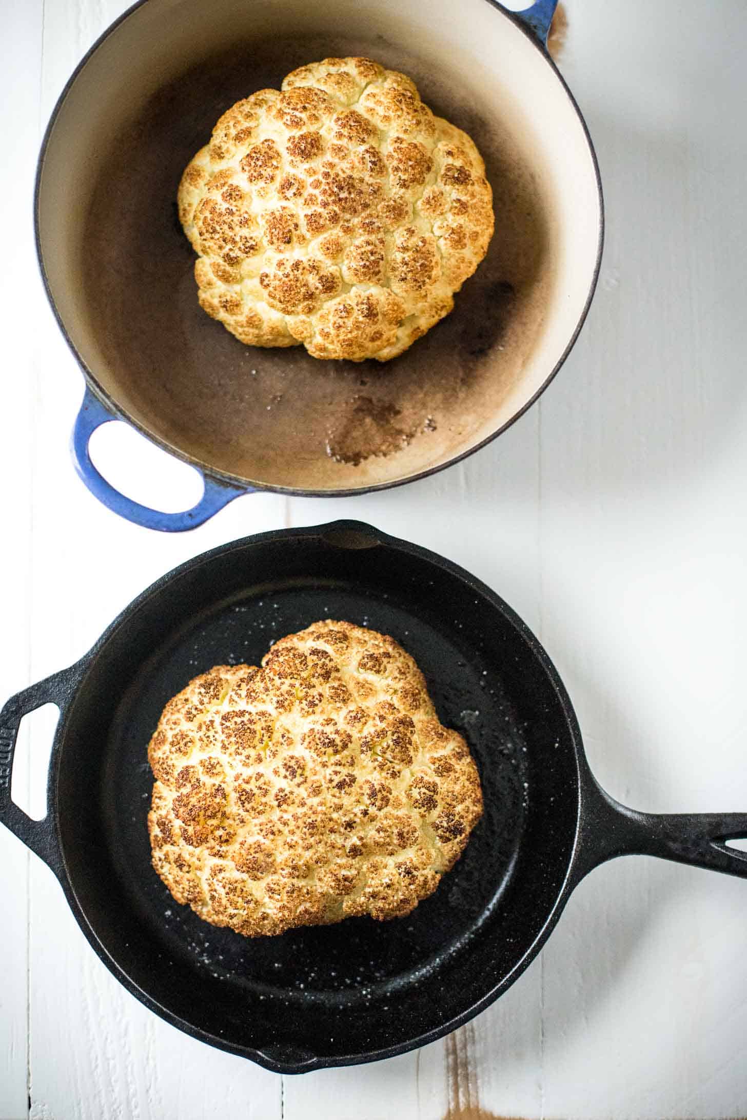 Roasted Cauliflower in a skillet and a dutch oven