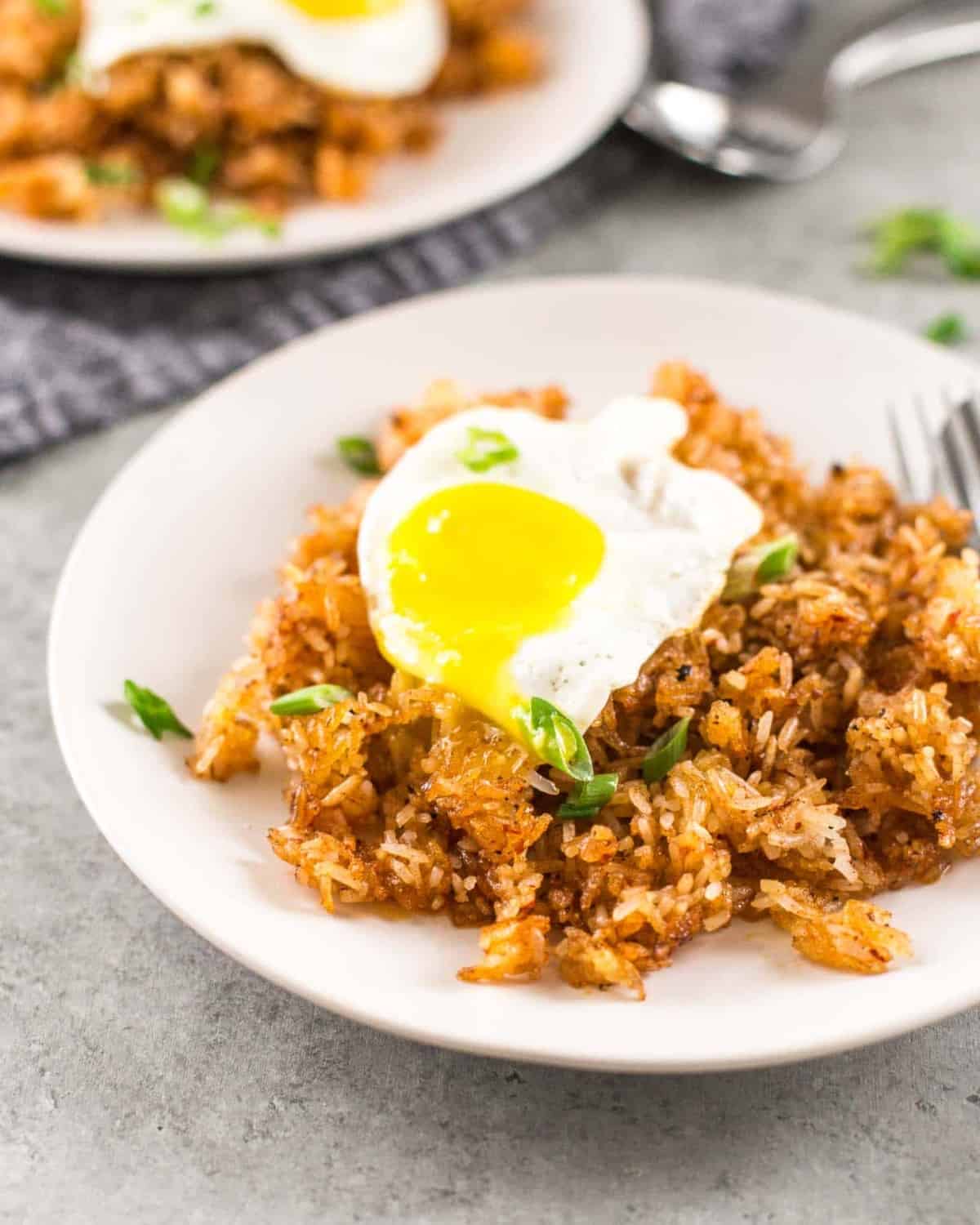 Thai Crispy Rice topped with a fried egg