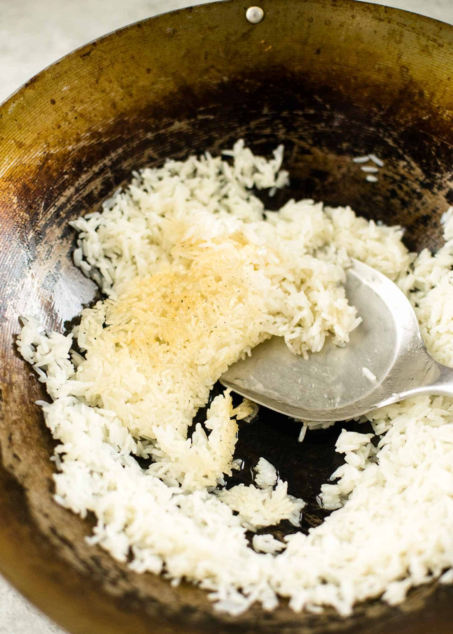 overhead image of Thai Crispy Rice in a wok