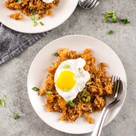 Thai Crispy Rice topped with a fried egg