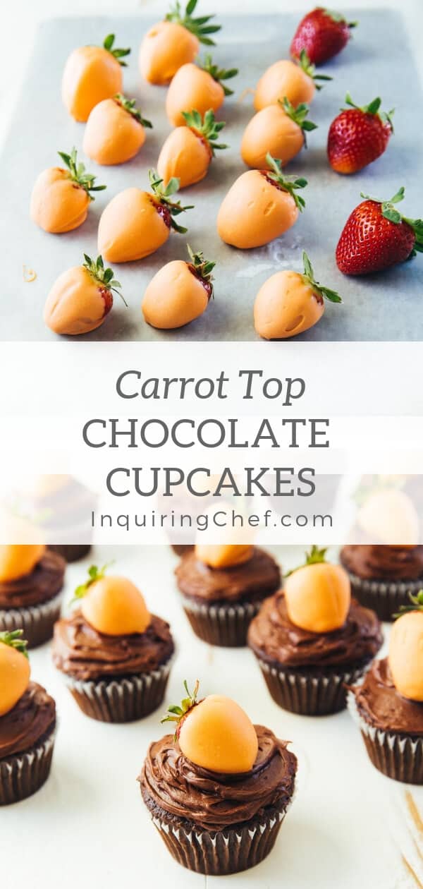 Carrot Top Chocolate Cupcakes - As easy as dipping strawberries in orange-colored white chocolate and making your favorite cupcakes, “carrot top” chocolate cupcakes are perfect for Easter.