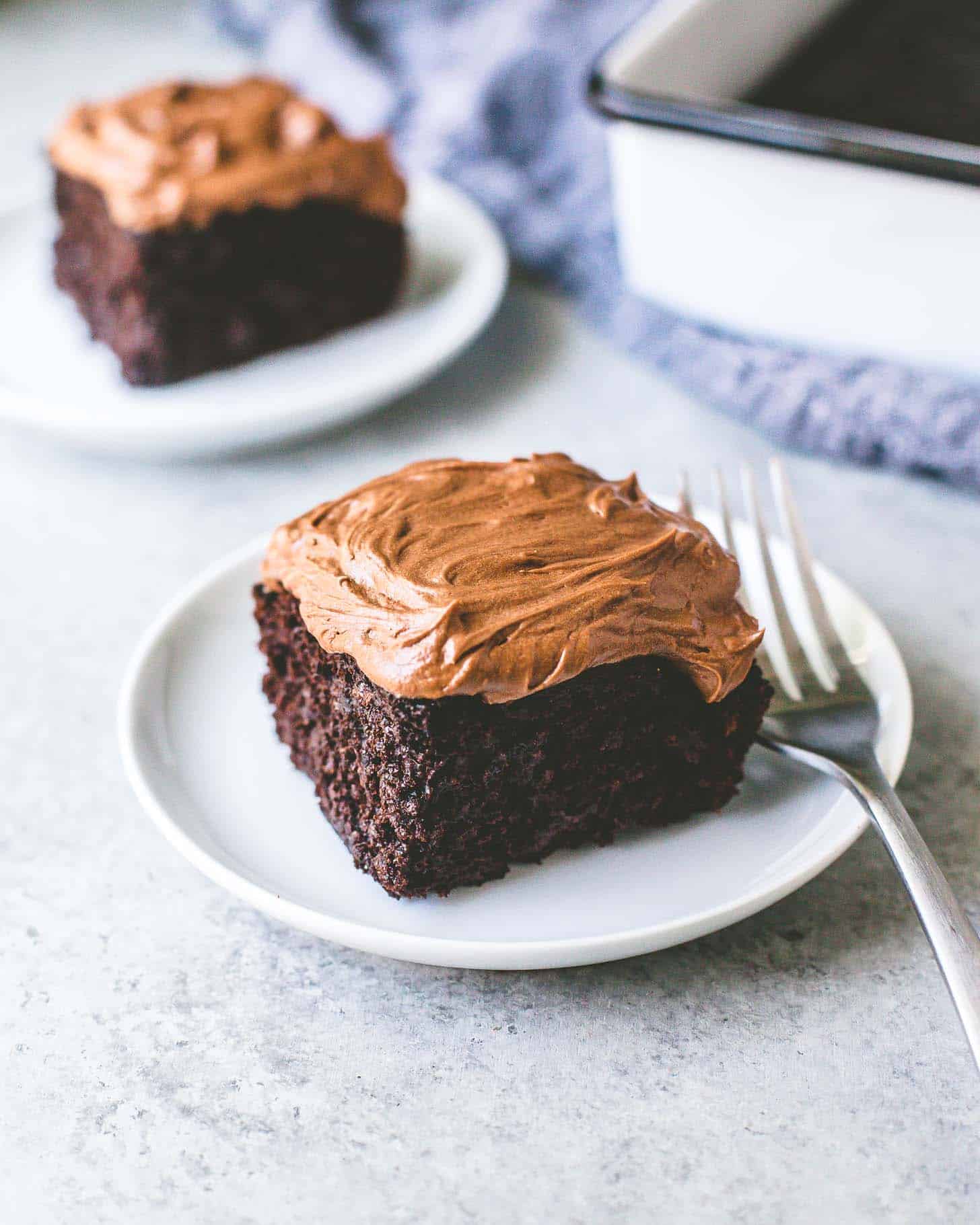 a piece of chocolate cake on a white plate