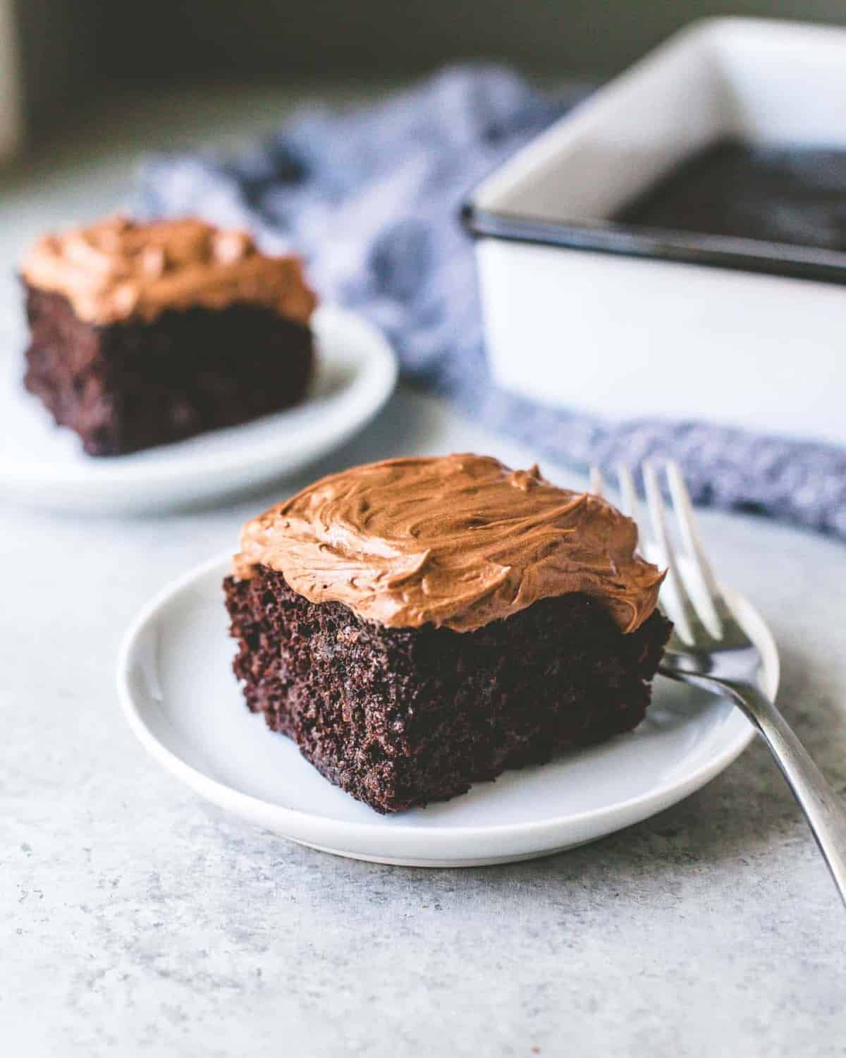 slices of chocolate cake on white plates