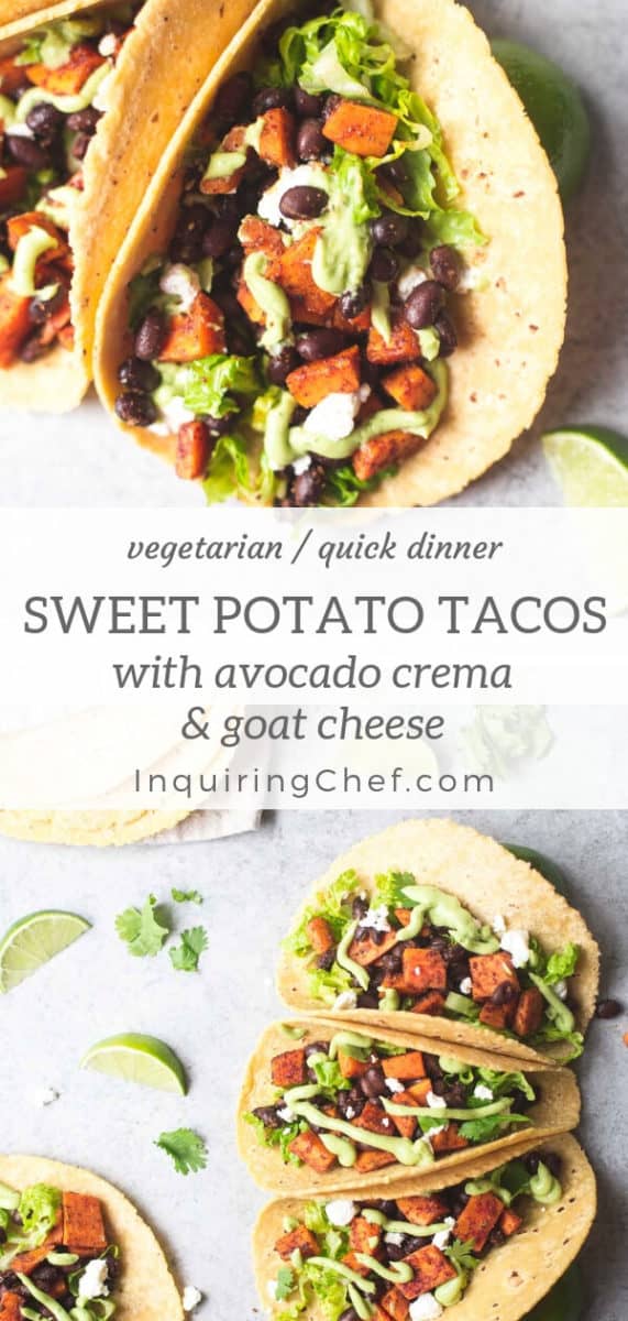 Sweet Potato Tacos with Avocado Crema and Goat Cheese