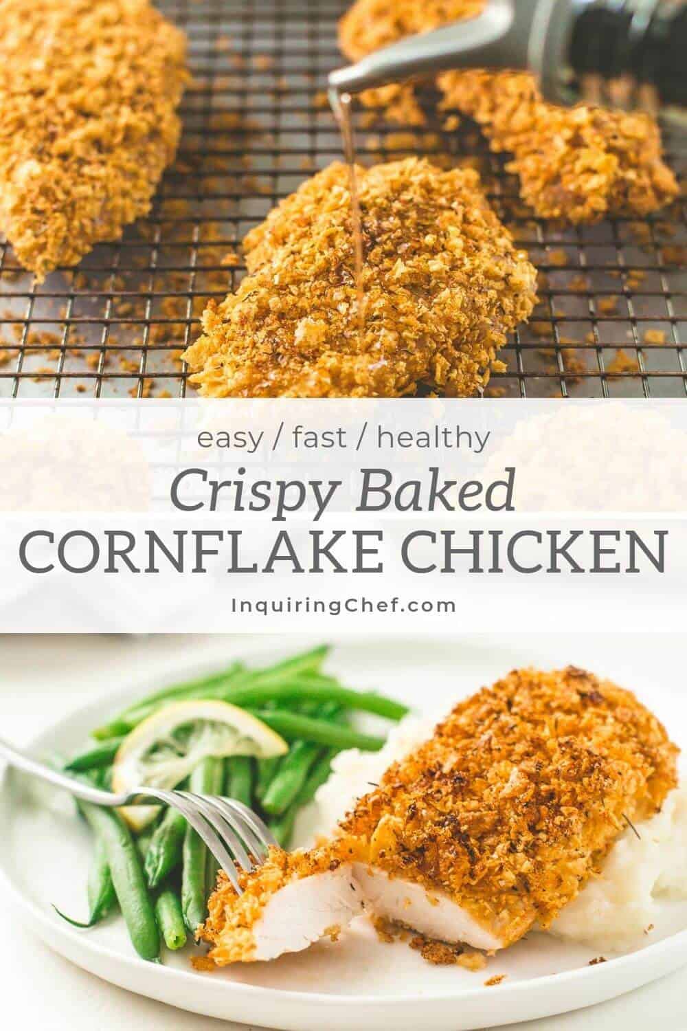 Crispy Baked Cornflake Chicken on a plate and on a baking sheet