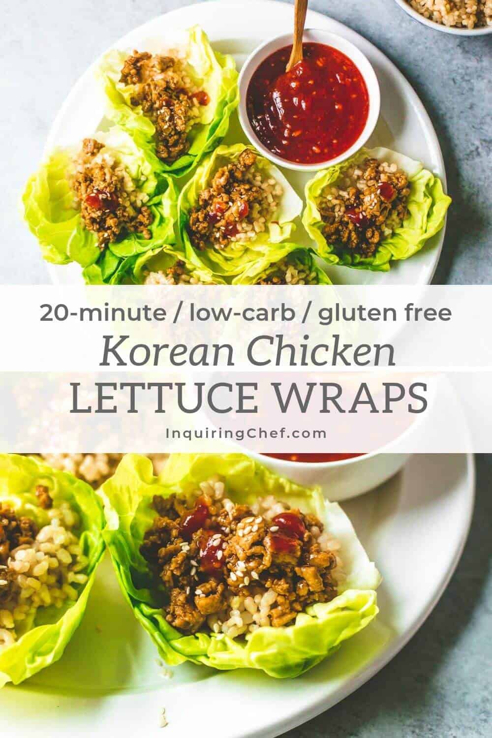 Korean Chicken Lettuce Cups on a platter with spicy Korean dipping sauce