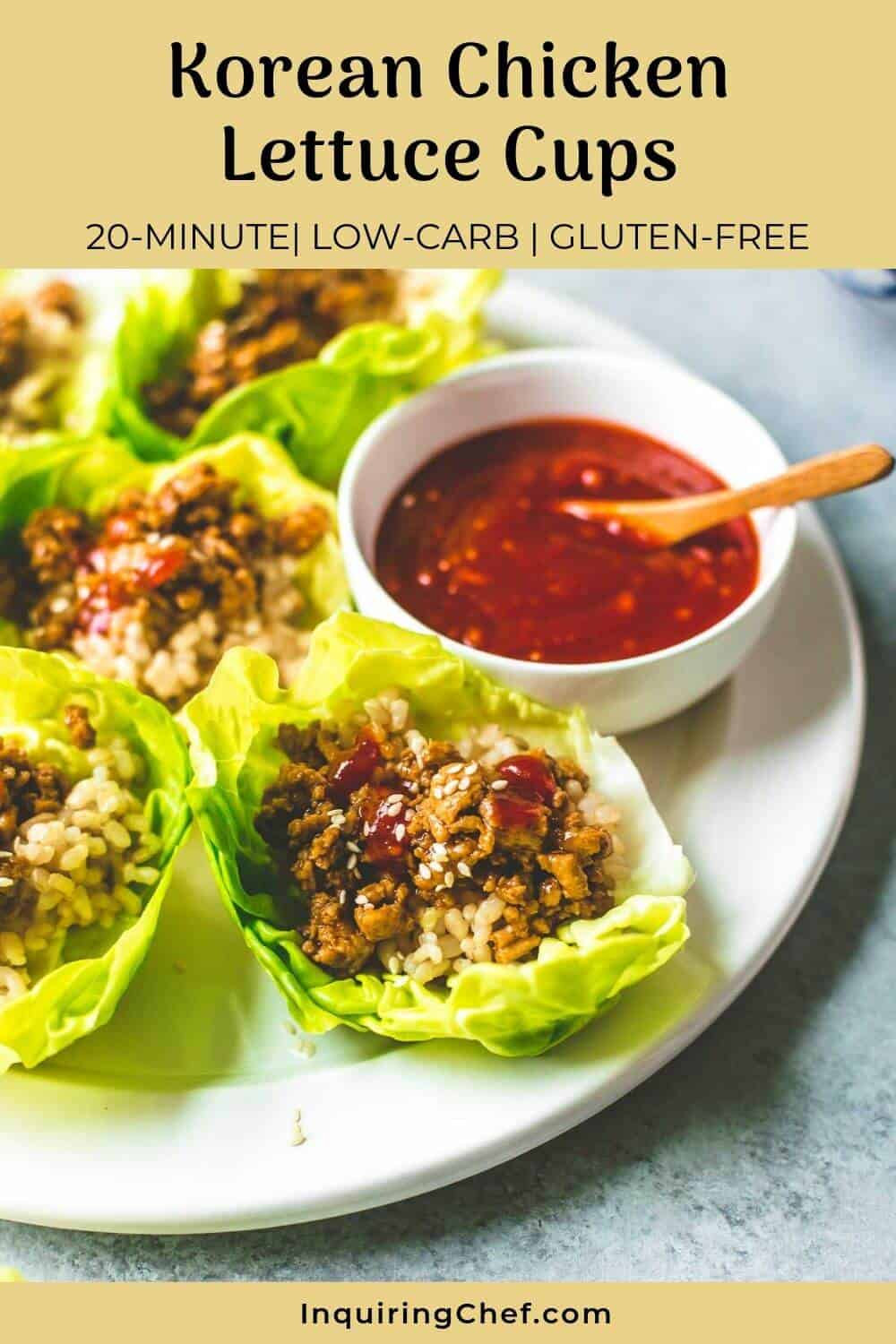 Korean Chicken Lettuce Cups on a platter with spicy Korean dipping sauce