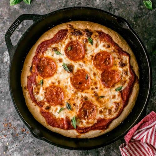 Deep Dish Skillet Pizza  Pull out the cast iron skillet for this pizza!