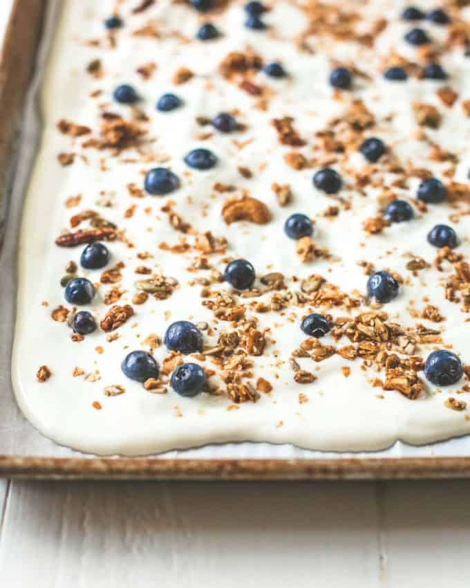  Greek yogurt with toppings on a sheet pan