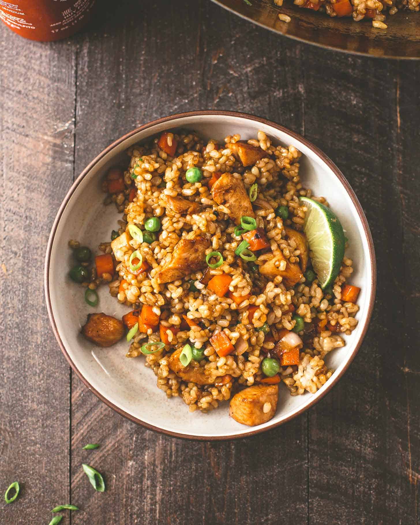 Honey Garlic Chicken Fried Rice in a white bowl