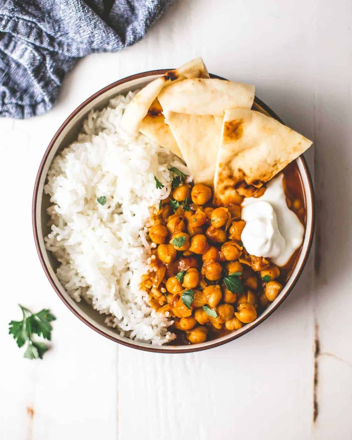 Instant Pot Chickpea Curry with Basmati Rice in a white bowl