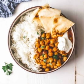 Instant Pot Chickpea Curry with Basmati Rice in a white bowl