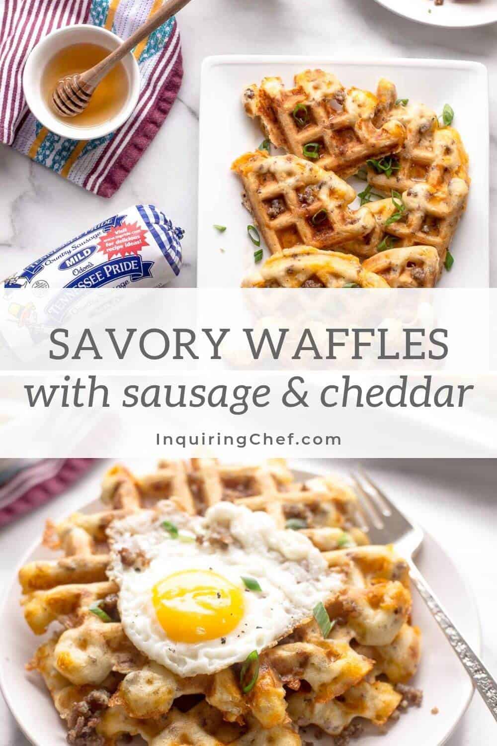 savory waffles with sausage and cheddar