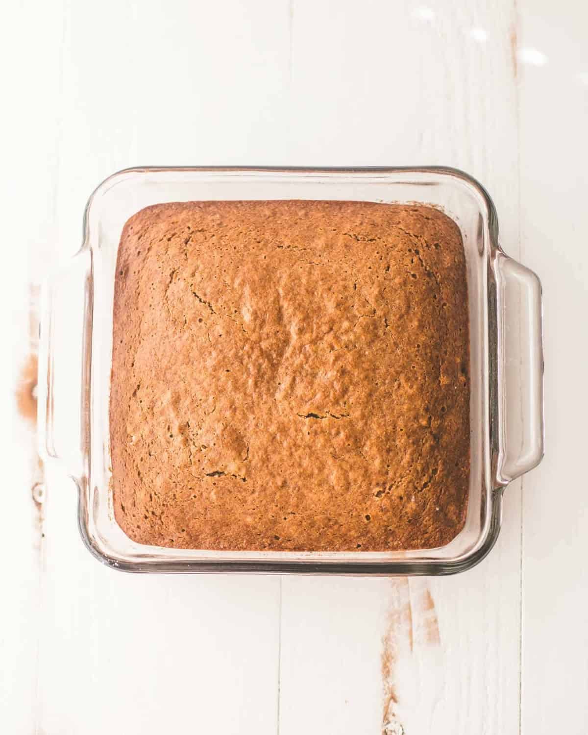 Applesauce Cake in a clear baking dish