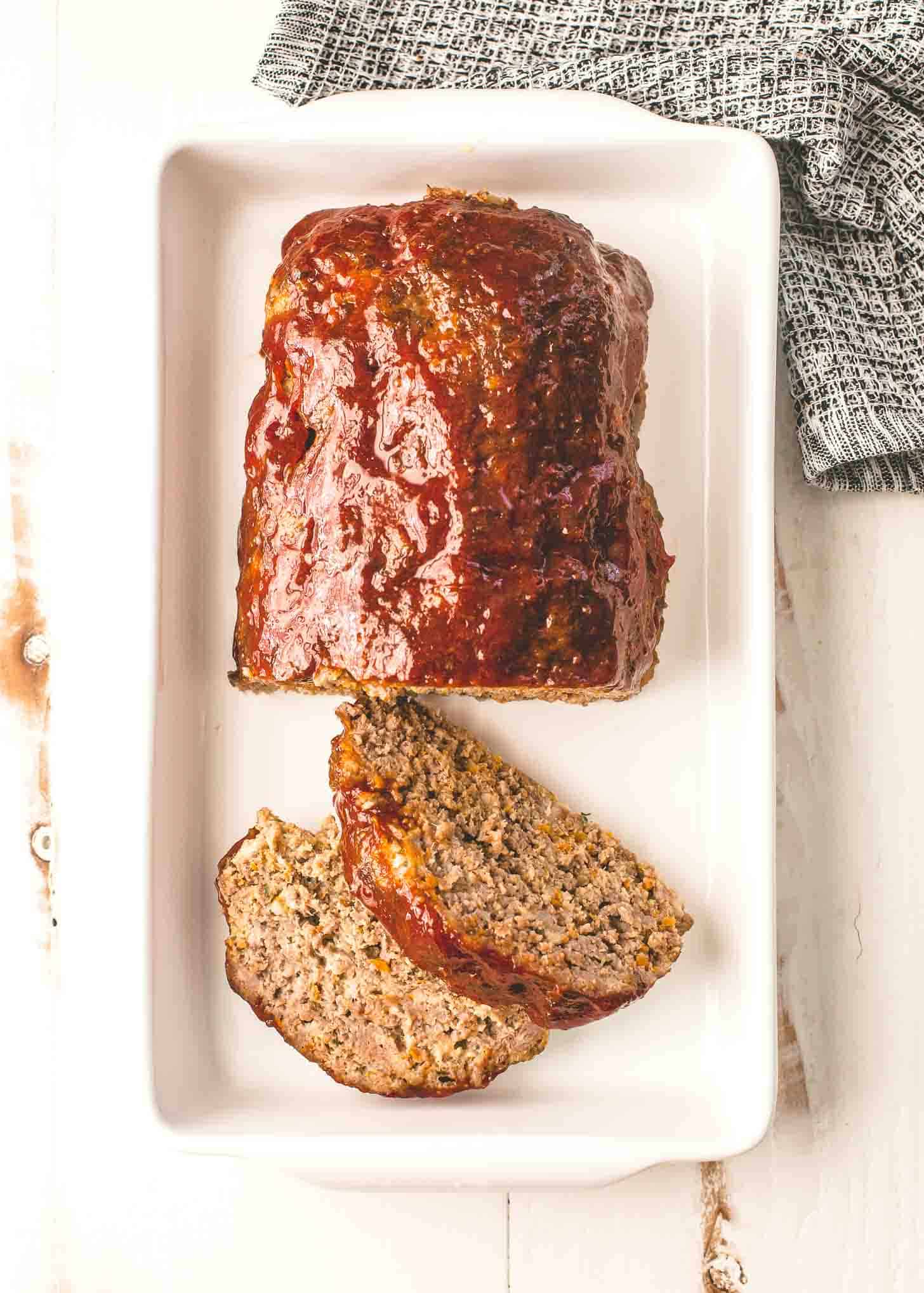 Classic Meatloaf on a white tray