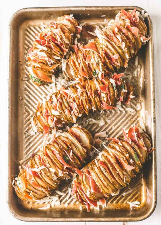 Ham and Cheese Hasselback Potatoes on a sheet pan