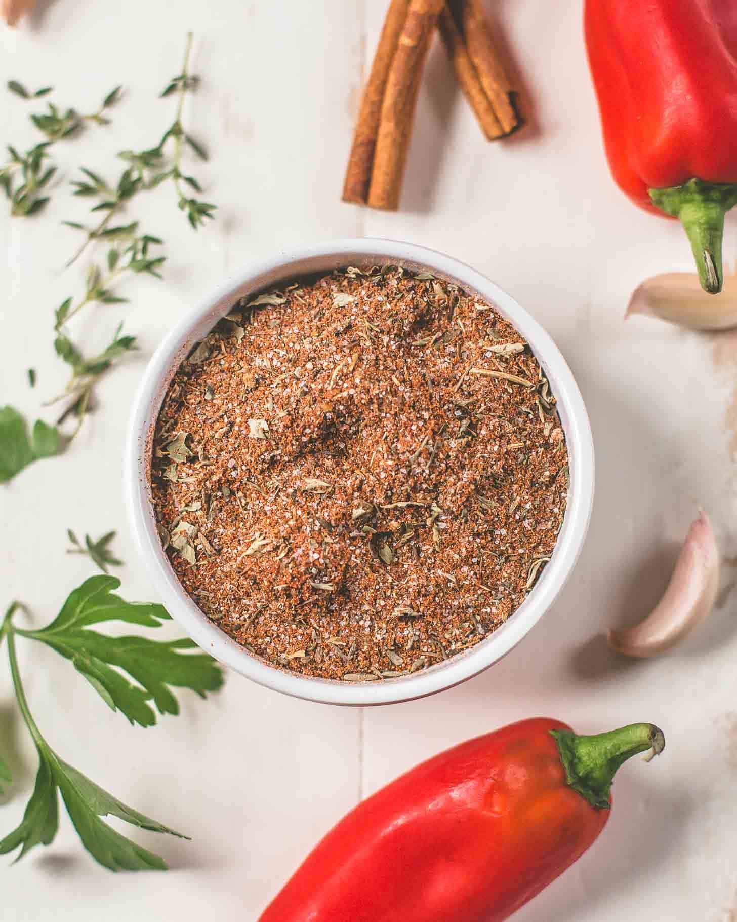 Jerk Seasoning in a small white ramekin