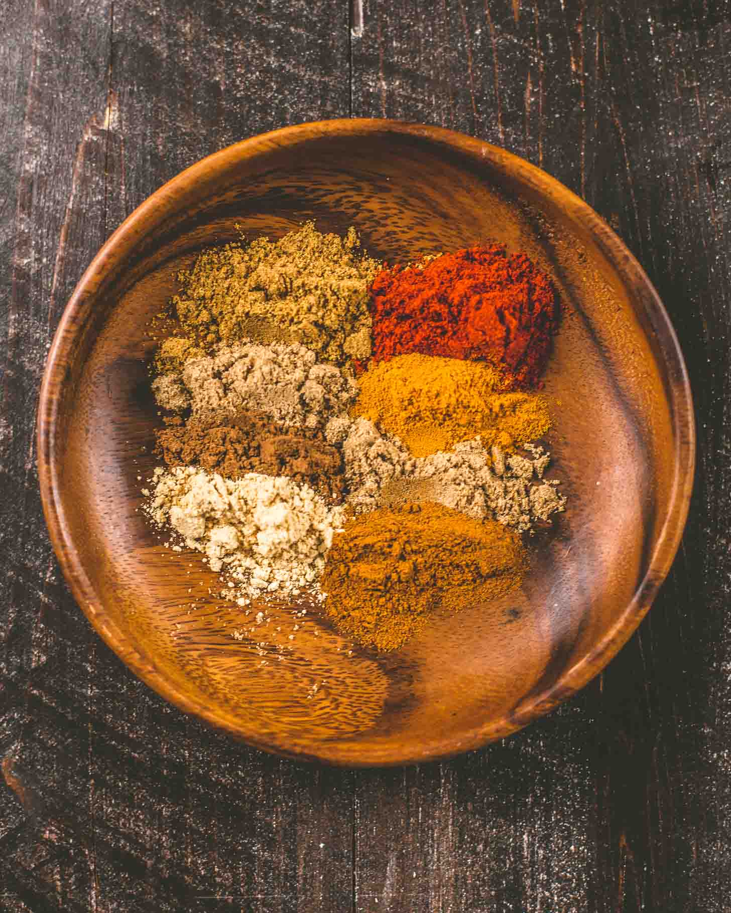 overhead image of spices in a small wooden bowl