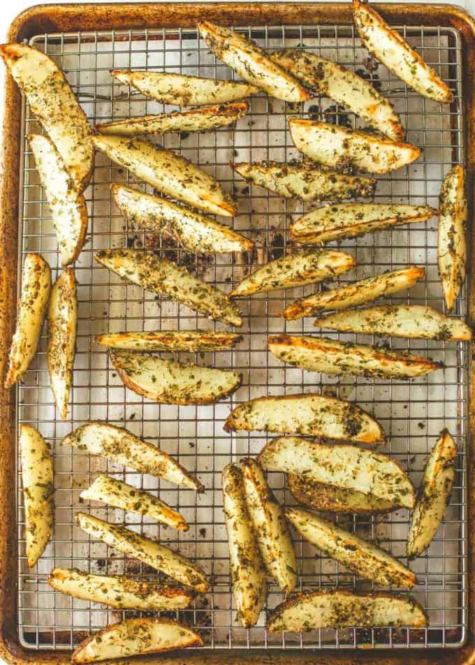 Oven Roasted Ranch Potato Wedges on a wire rack