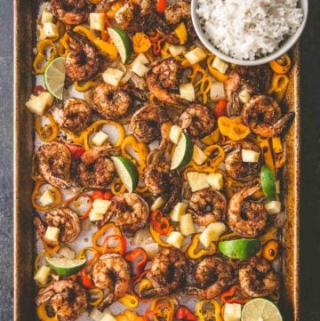 shrimp, peppers, and onions on a sheet pan