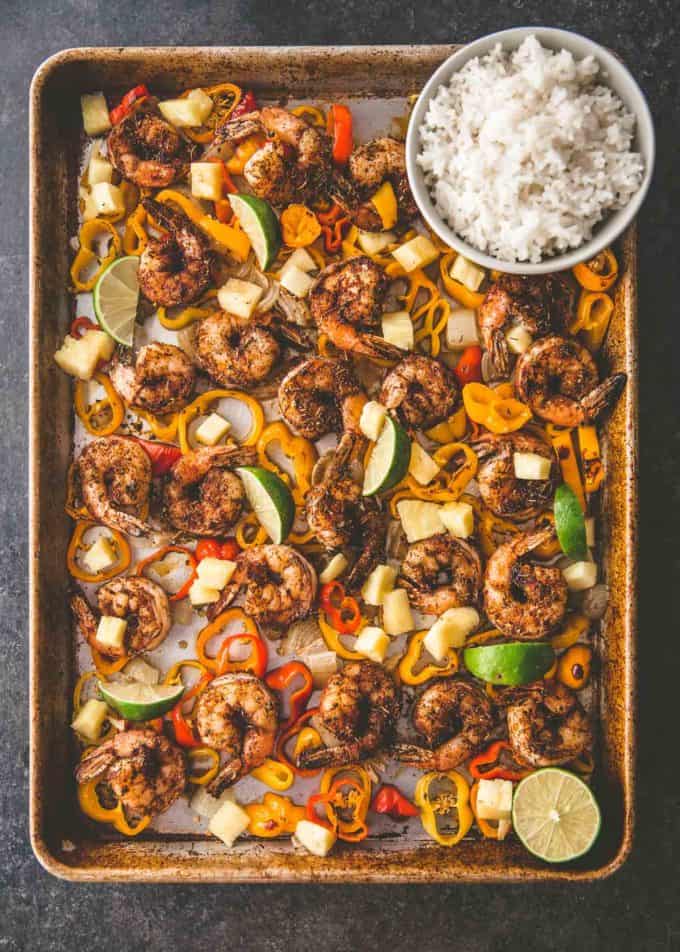 shrimp, peppers, and onions on a sheet pan