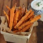 Sweet Potato Fries in a parchment lined basket