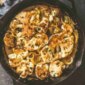 Cauliflower Piccata with Lemon Caper Sauce in a skillet