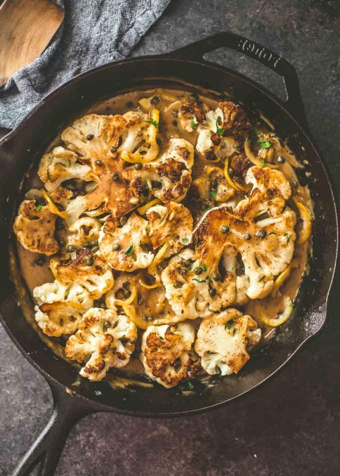 Cauliflower Piccata with Lemon Caper Sauce in a skillet