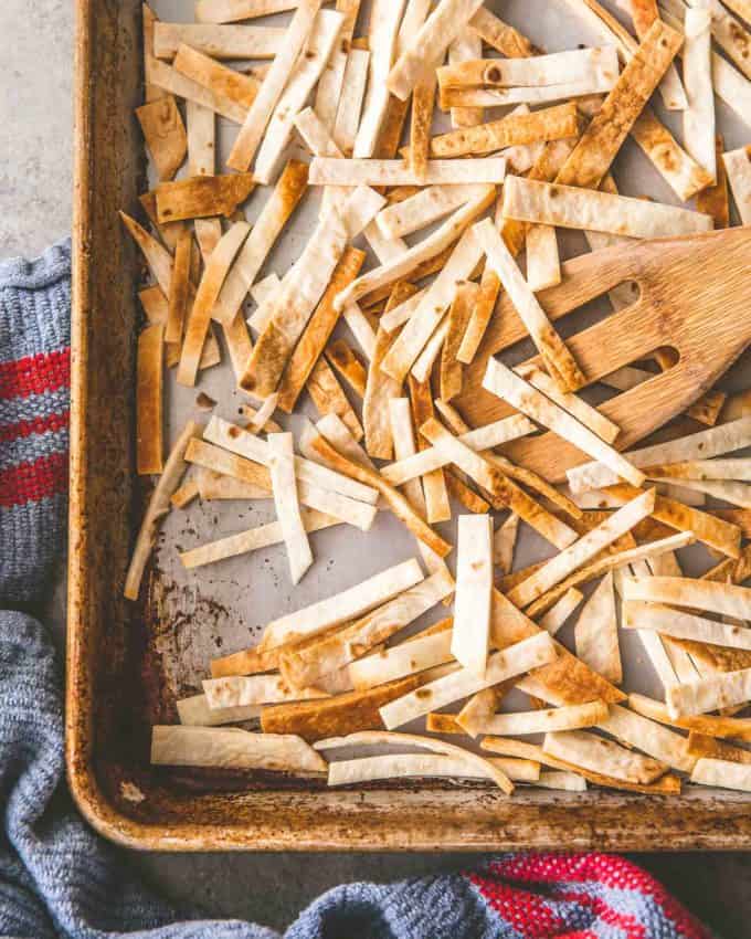 Crispy Tortilla Strips on a sheet pan