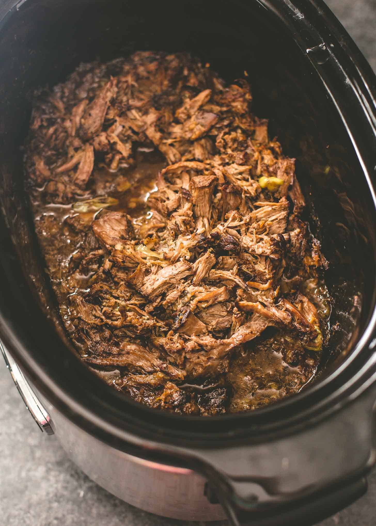 overhead image of Mississippi Roast in a slow cooker