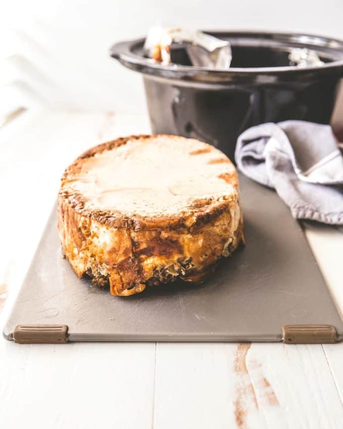 Bagel casserole upside down on a cutting board