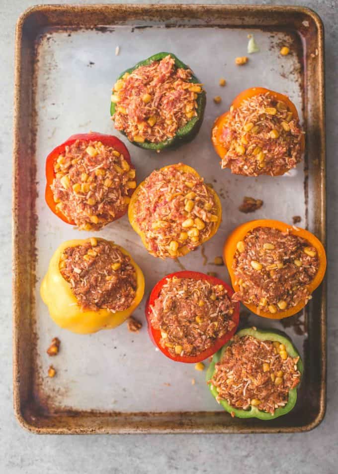 Tex Mex Stuffed Peppers on a sheet pan